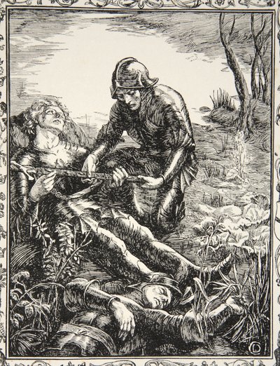 Arthur gives Excalibur to Sir Bedevere, illustration from 